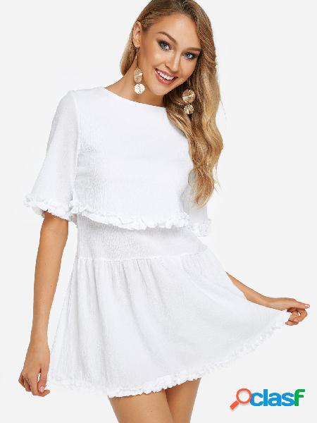 White Tiered Design Round Neck Half Sleeves Dress