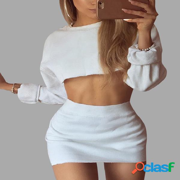 White Two Piece Outfits Crew Neck Long Sleeves Mini Skirt