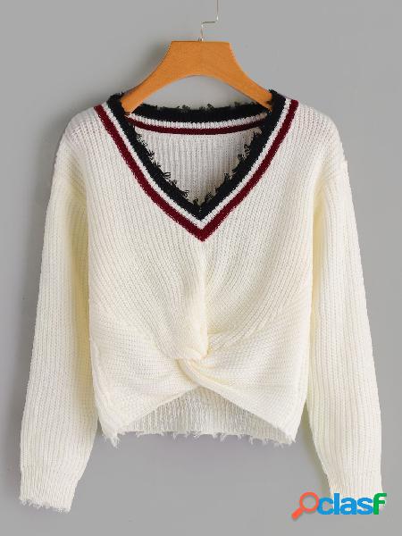 White V Neck Knotted Fashion Sweater