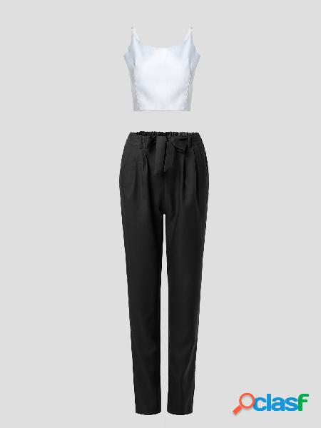 White V-neck Camis & Black Self-tie Design Pants Two Piece