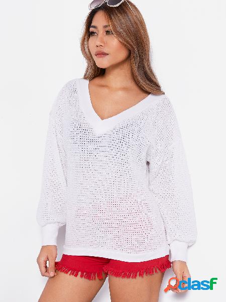 White V-neck Long Sleeves Sweater