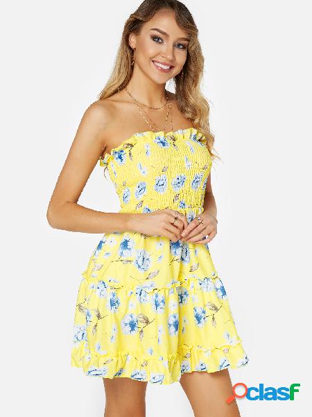 Yellow Backless Design Floral Print Off The Shoulder