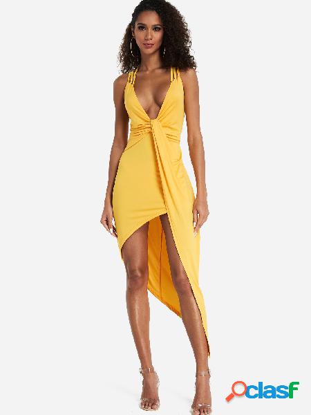 Yellow Backless Twist-Front Deep V Neck Spaghetti Dress