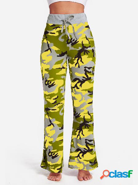 Yellow Camouflage Drawstring Waist Active Bottoms