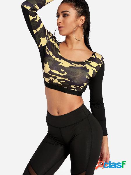 Yellow Camouflage Round Neck Long Sleeves T-Shirts