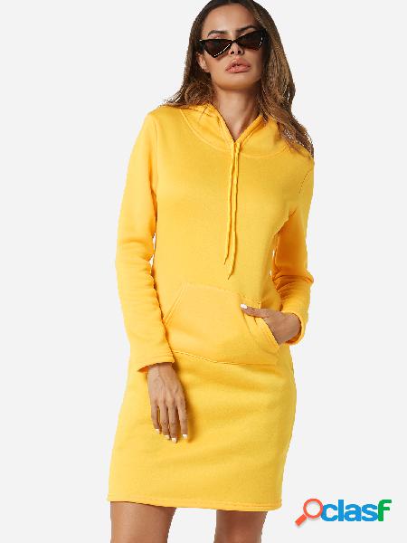 Yellow Casual Long Sleeve Kangaroo Pocket Hoodie Dress