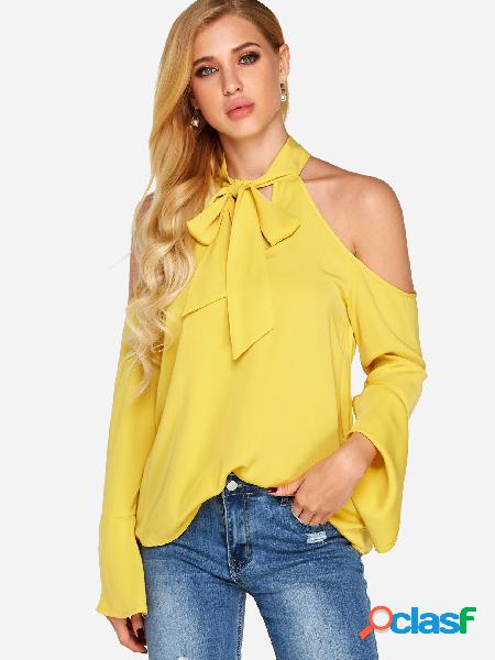 Yellow Cut Out Bowknot Plain Halter Long Sleeves Blouses