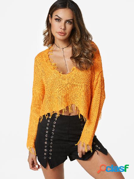 Yellow Deep V-neck Long Sleeves Tassel Design Sweater