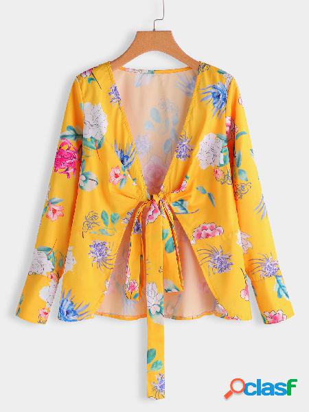 Yellow Floral Print Deep V Neck Long Sleeves Blouses with