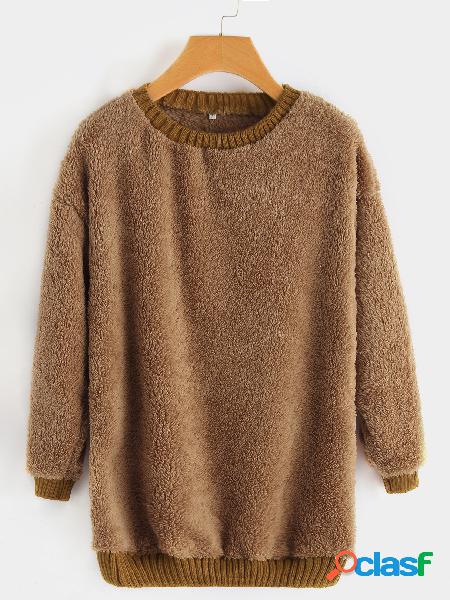 Yellow Fluffy Faux Fur Round Neck Long Sleeves Sweater