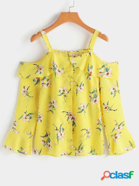 Yellow Frill Neck Button Design Floral Print Cold Shoulder