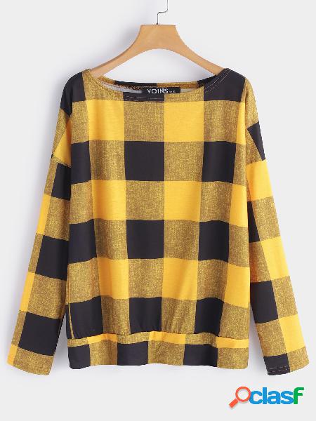 Yellow Grid Pattern One Shoulder Long Sleeves Loose T-shirt