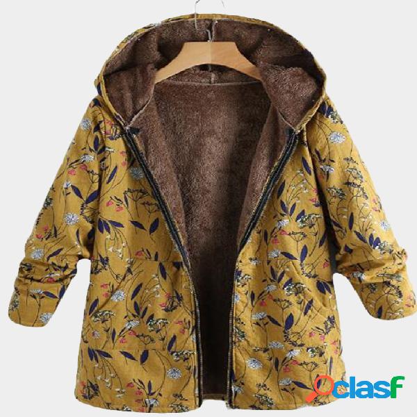 Yellow Hooded Design Floral Print Long Sleeves Fluffy Lining