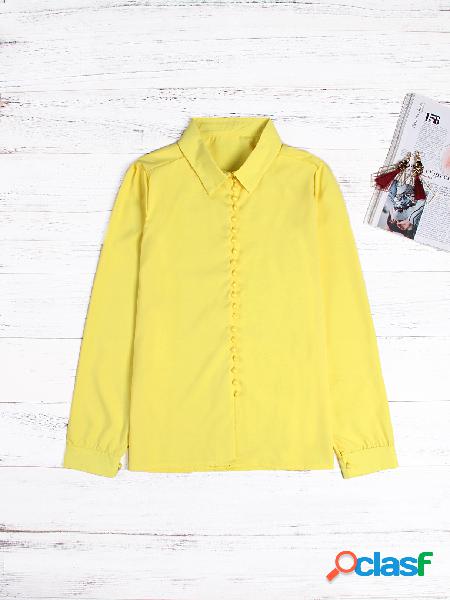 Yellow Lapel Collar Long Sleeves Blouse