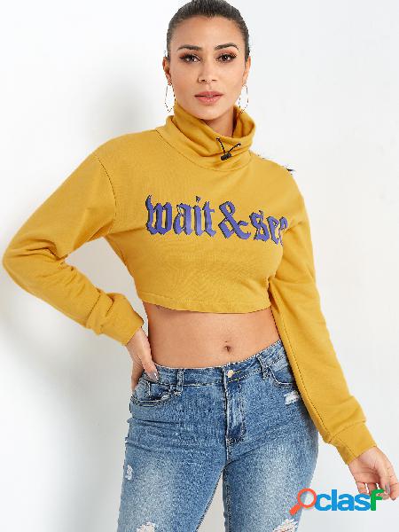 Yellow Letter Print Turtleneck Long Sleeves Cropped