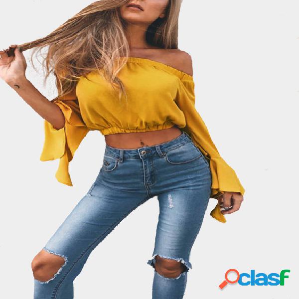 Yellow Off-The-Shoulder Long Flared Sleeves Crop Top