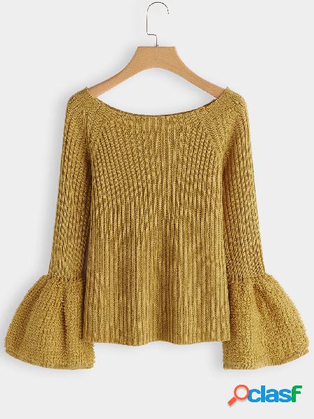 Yellow Plain Round Neck Bell Sleeves Knit Sweaters