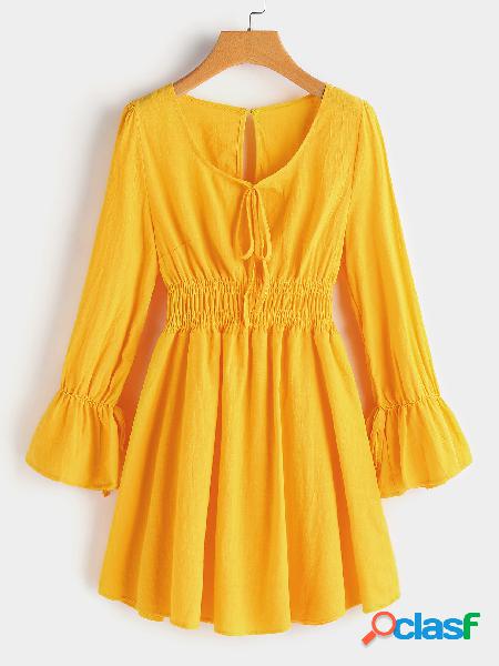 Yellow Pleated Details Lantern Sleeves Stretch Waistband