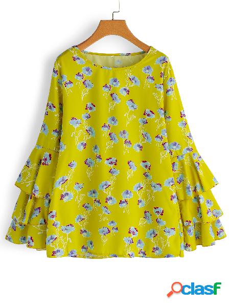 Yellow Random Floral Print Round Neck Long Tiered Bell