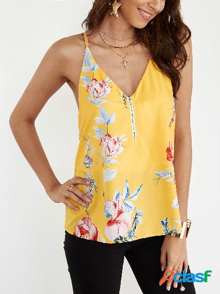 Yellow Random Floral Print V-neck Cami Top with Zipper