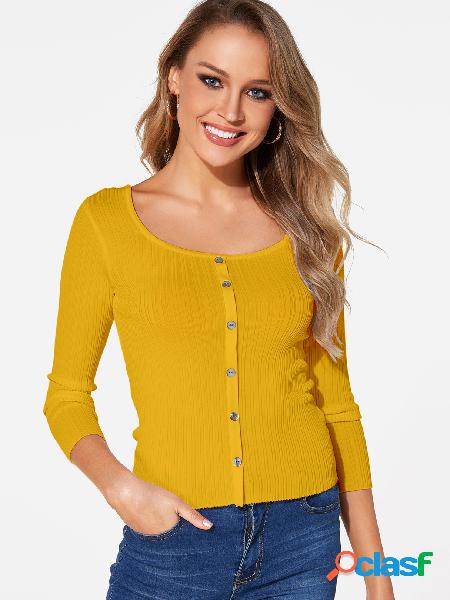 Yellow Single Breasted Design Scoop Neck 3/4 Length Sleeves