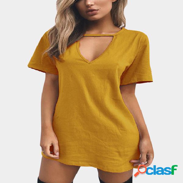 Yellow Solid Color V-neck Short Sleeves T-Shirt Dresses