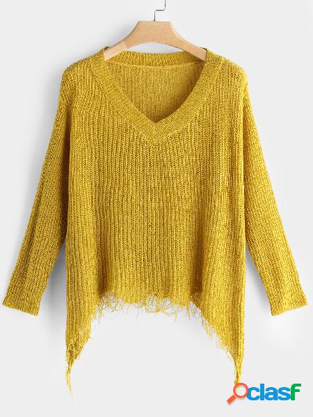 Yellow Tassel Details V-neck Long Sleeves Sweaters