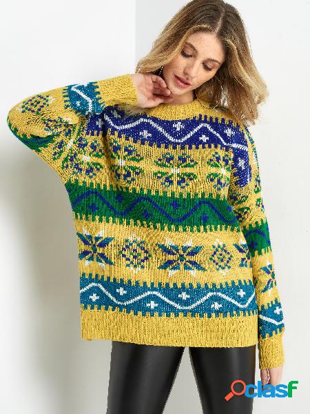 Yellow Tribal Print Crew Neck Long Sleeved Knitted Sweater