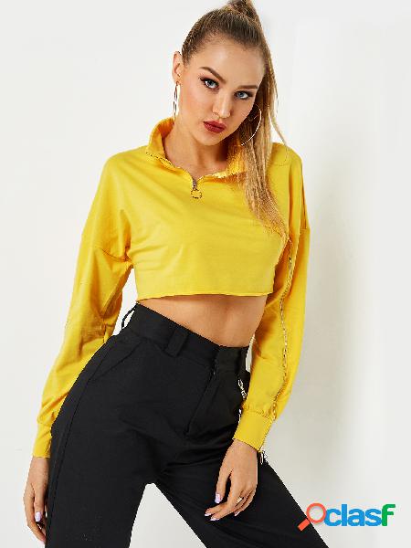 Yellow Zipper Front Pullover Crop Sweatshirt