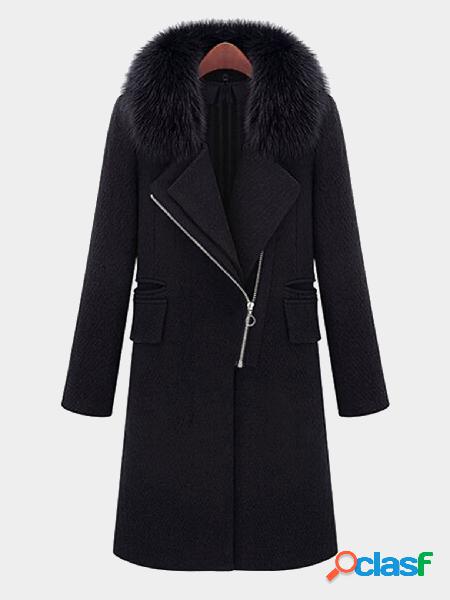 Zip Front Longline Coat with Artificial Fur Collar