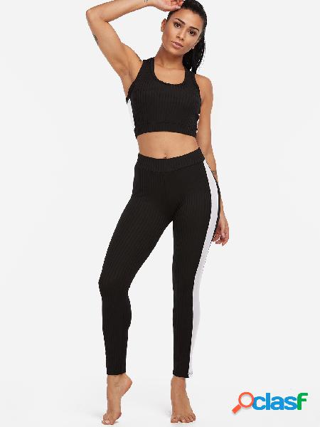 Active Contract Color Sleeveless Tracksuit in Black