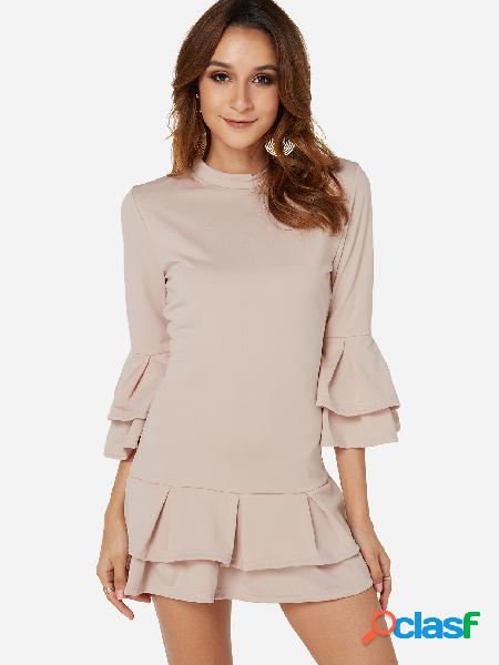 Apricot Flounced Hem Plain Perkins Collar Long Sleeves Dress