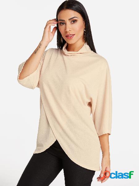 Apricot Irregular Hem Plain Perkins Collar Half Sleeves