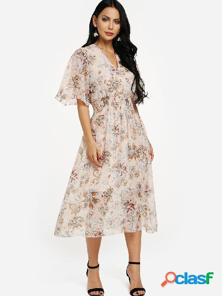 Apricot Wrap V-neck Smocked Ruched Waist Chiffon Floral Maxi