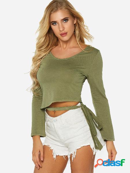Army Green Self Tie Design Plain Round Neck Long Sleeves