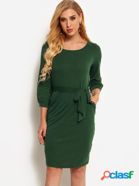 Army Green Self-tie Design Round Neck 3/4 Length Sleeves