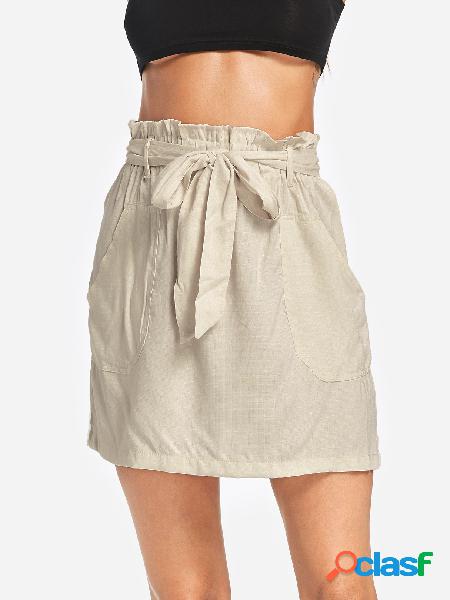 Beige Self-tie Design Side Pockets Skirt