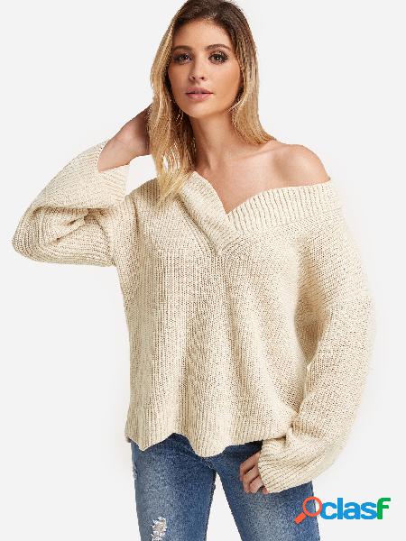 Beige V Neck Bell Sleeves Loose Knitting Jumpers