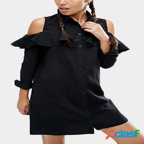 Black Cold Shoulder Button Front Ruffle Design Shirts Dress