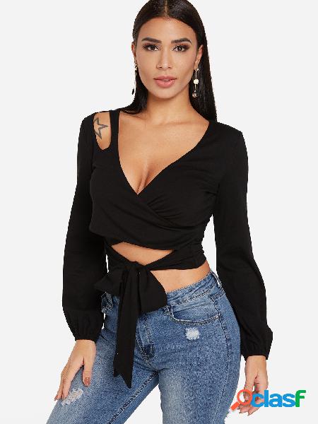 Black Cut Out Self Tie Design Crossed Collar Crop Top