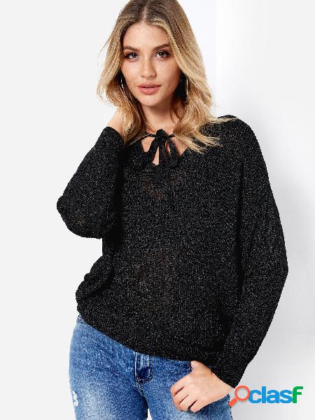 Black Dolman Sleeve Tie-up Design Loose Sweater