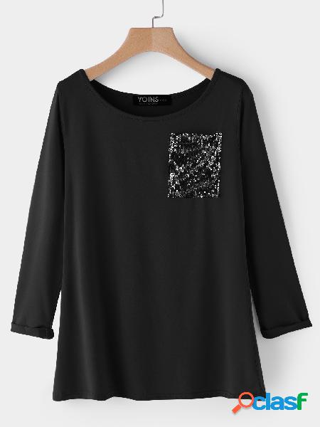 Black Entry Pocket Slit Back Design Long Sleeves T-shirts