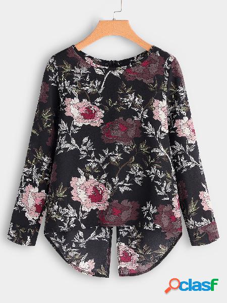 Black Floral Zip Back Irregular Fashion Blouse