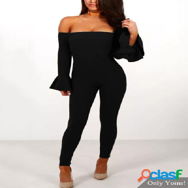 Black Off-The-Shoulder Frill Sleeve Bodycon Jumpsuit