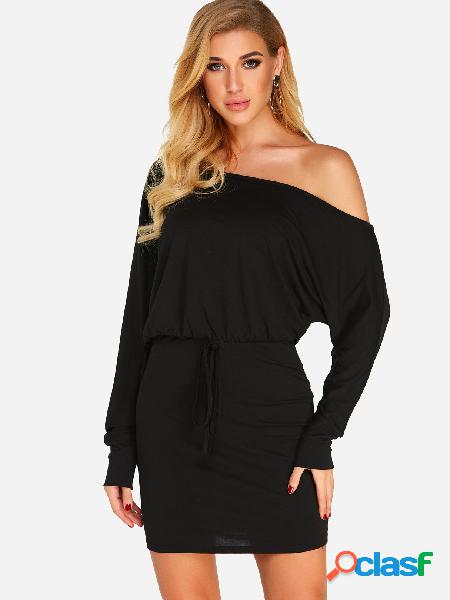 Black One Shoulder Long Bat Sleeves Drawstring Waist Mini