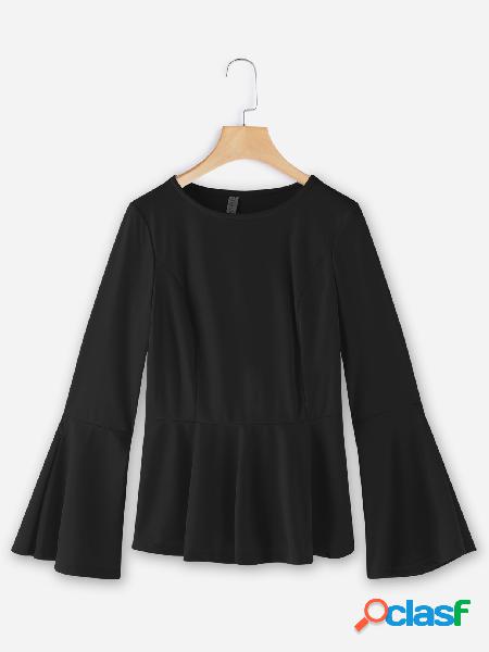 Black Plain Crew Neck Flared Long Sleeves Flounced Hem