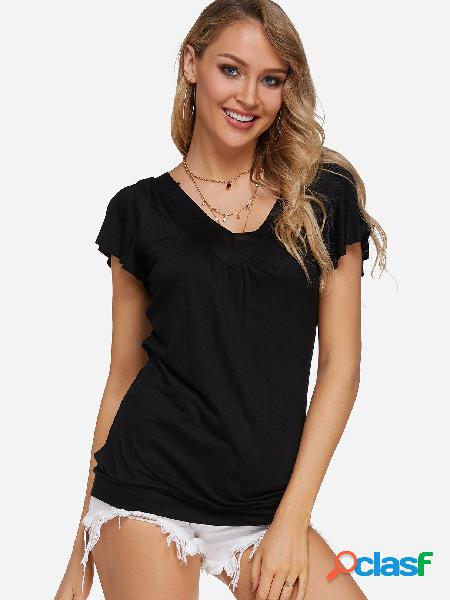 Black Pleated Design V-neck Ruffle Sleeves T-shirt