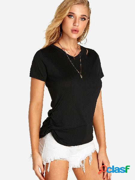 Black Pleated Design V-neck Short Sleeves T-shirt with