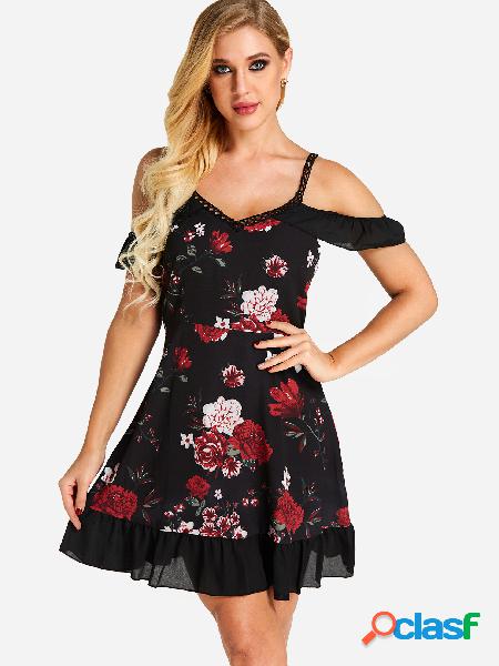 Black Random Floral Print Cold Shoulder Flounced Hem Dress