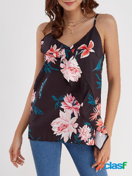 Black Random Floral Print V-neck Casual Cami